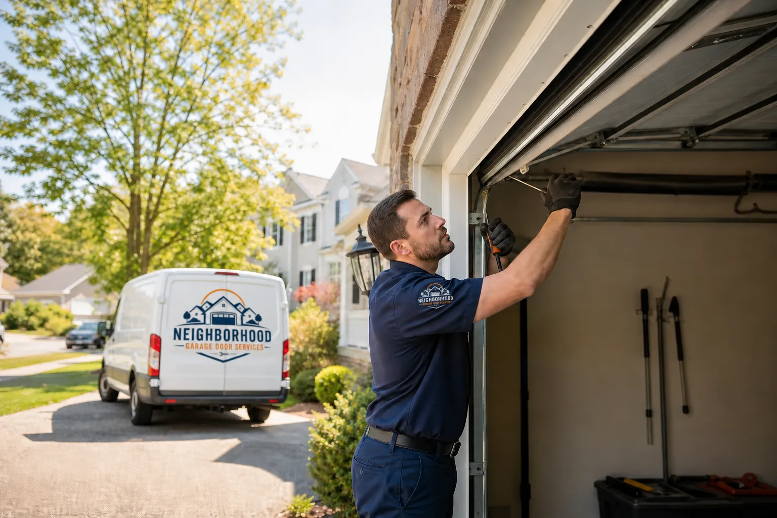 Neighborhood Garage Door Services technician repairing a residential garage door with a branded service van nearby