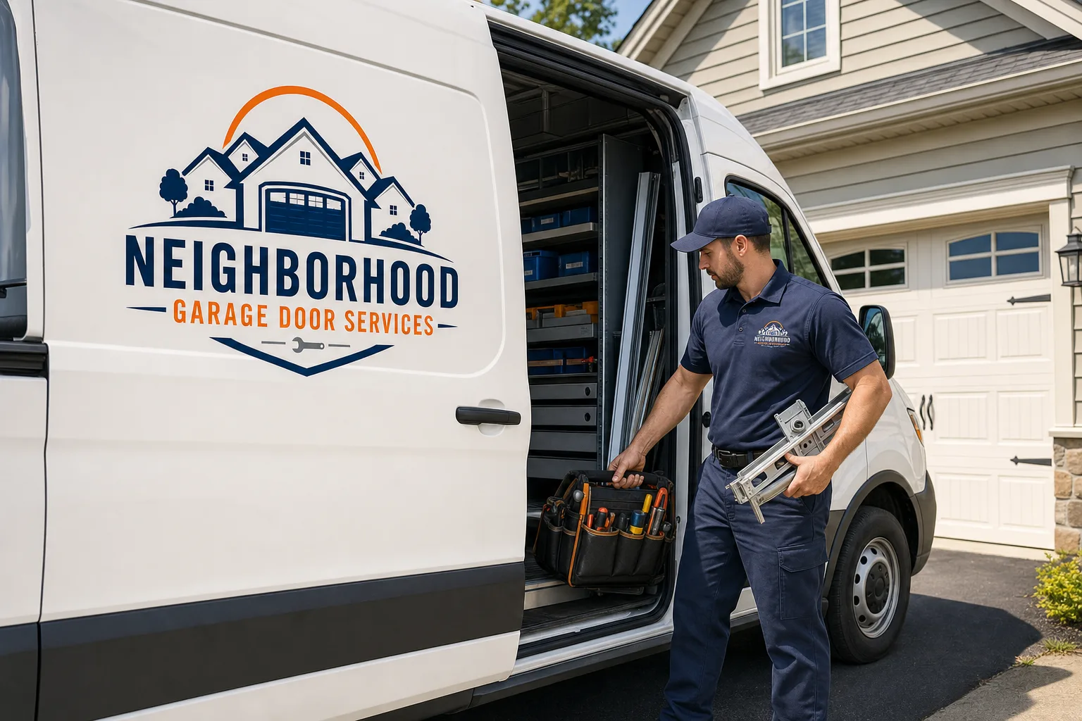 Neighborhood Garage Door Services branded van and technician preparing tools