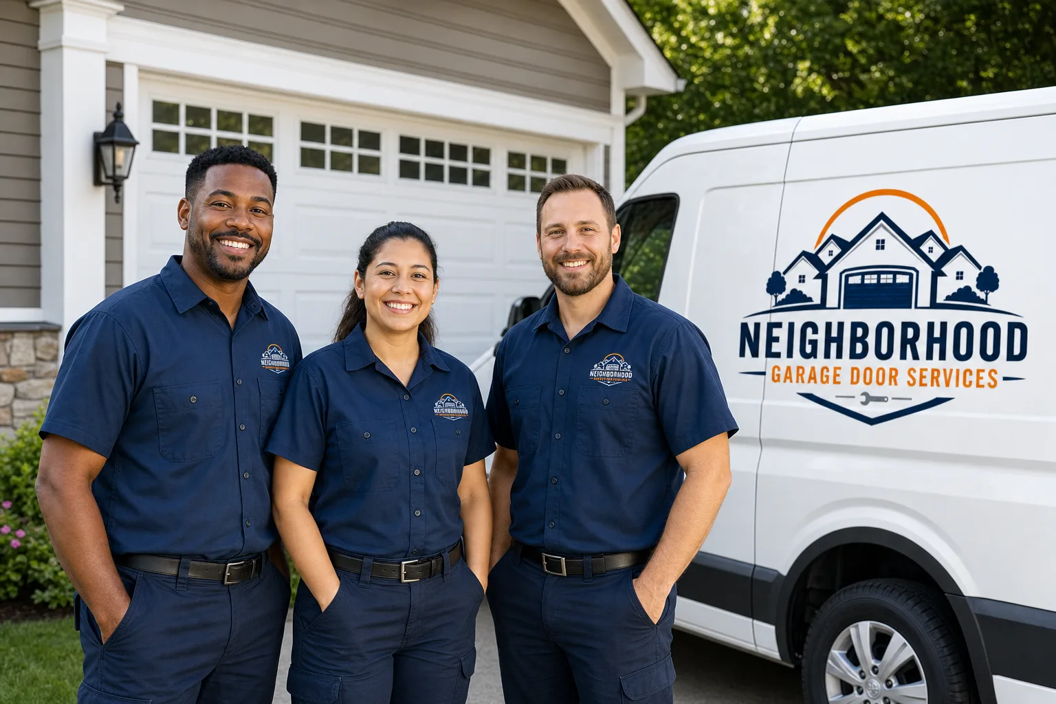 Neighborhood Garage Door Services team beside a branded service van